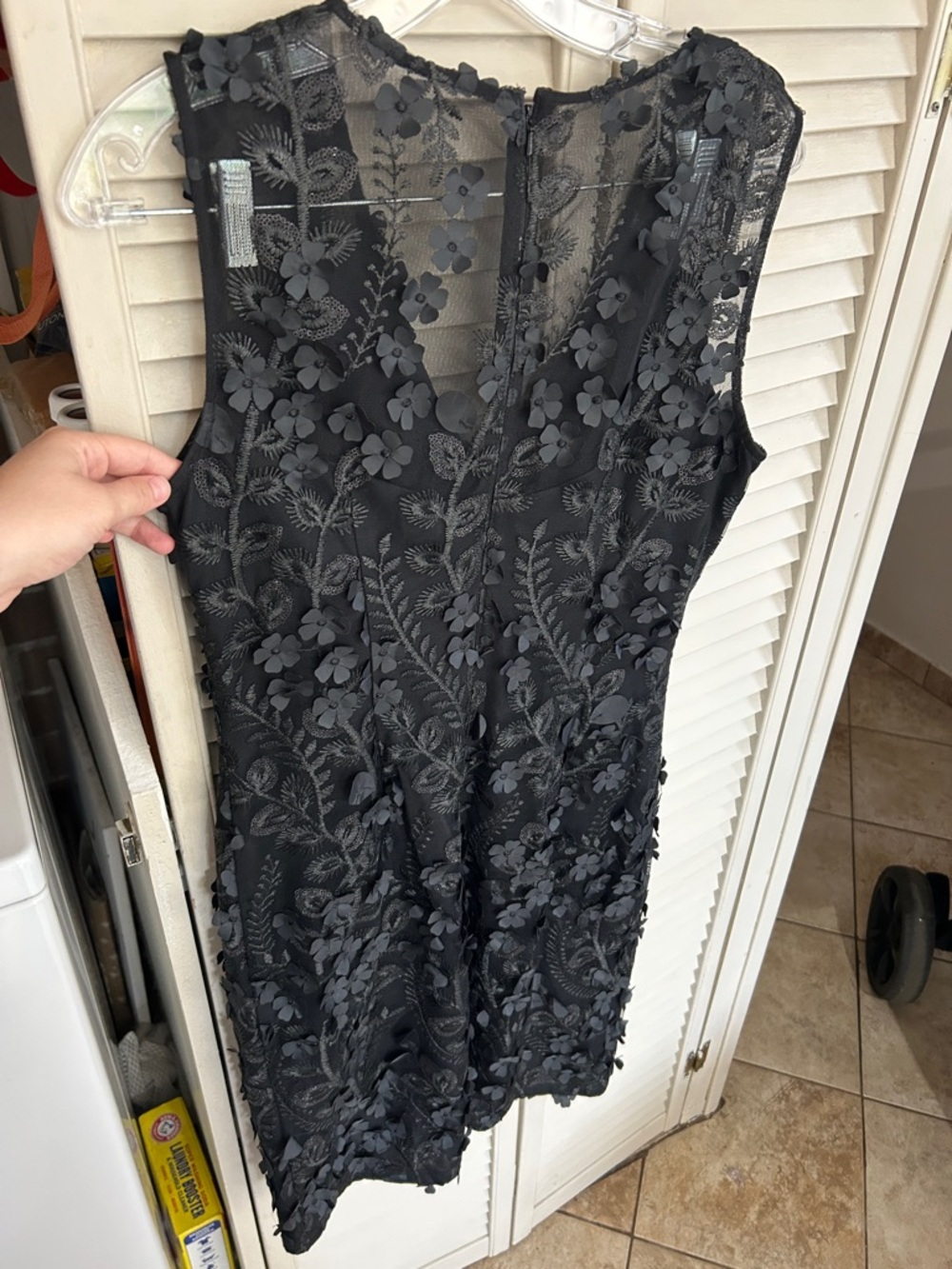 NWT White House black market Black sparkly Floral Appliqué V-Neck Cocktail Dress - Picture 7 of 8
